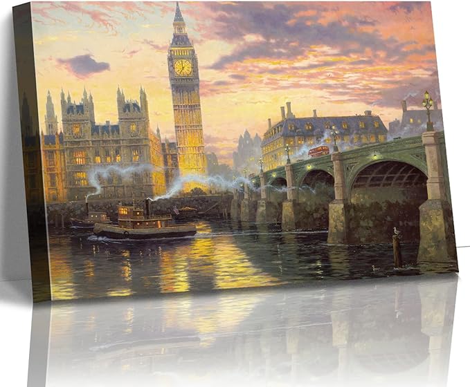 STUDIO HAVEN Thomas Kinkade Canvas Wall Art, London Skyline Big Ben River Thames Stone Bridge Sunset Glow Oil Painting Poster Iconic Cityscape Wall Decor, Framed Prints for Home Decor, 24x16Inch