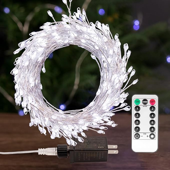 Fairy Lights Plug in, 10 Feet 100LED Cool White Silver Wire Firecracker Firefly Lights with Remote, Waterproof Copper Wire Lights for Bedroom Wreath Window Wedding Christmas Tree Decoration
