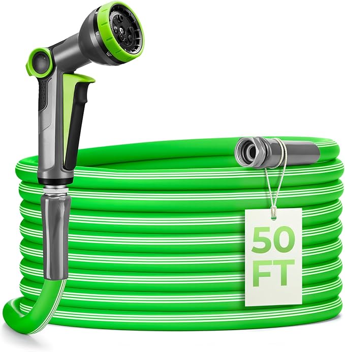 Garden Hose 50 FT with 8-Pattern Spray Nozzle, Flexible Garden Hose 5/8 Inch Food-Grade Rubber Hybrid Water Hose for Outside, Kink-Resistant Outdoor Hose