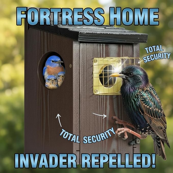 2pk Fortress Bluebird House for Outdoor Clearance - Mesh Cage Predator Guard - Metal Base & Brass Guard - Cedar Birdhouse for Bluebirds, Finches, Swallows Carbonized Outdoor 5 Years Usage 6"x7"