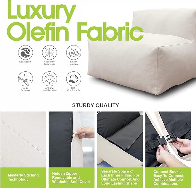 Patio Armless Chair, Outdoor Middle Bean Bag Chair, Daybed Sofa Comfy Couch, Modular Patio Sectional Sofa, Water-Resistant Olefin Fabric, High-Density Foam Filled, Comfy Lounge Seat, Light Beige