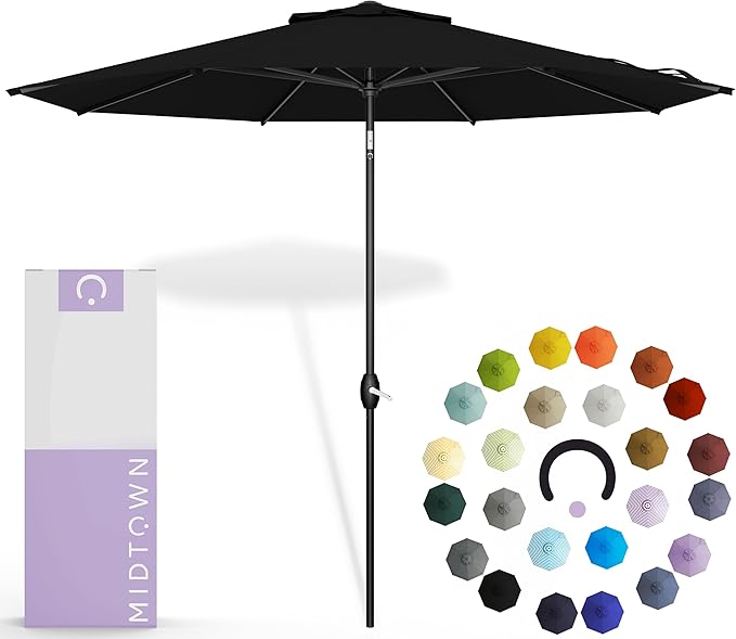 Midtown Umbrellas - 10-Year-No-Fade 8 Ft Patio Umbrella with Terylast Fabric, Auto-Tilt Aluminum Frame and 8 Reinforced Ribs for Deck, Pool, Garden & Beach - Ebony Black Canopy, Black Pole