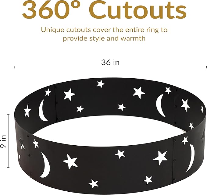 Sunnydaze 36-Inch Outdoor Fire Ring - Portable Metal Fire Pit Ring for Camping or Backyard - 360-Degree Moons and Stars Cutout - Big Sky