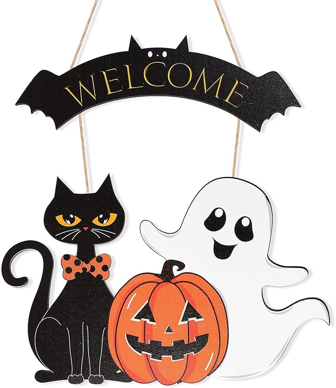 Halloween Decoration Wooden Ghost Door Halloween Wreath for Front Door Sign Wall Signs Decor, Pumpkin Black Cat Wreaths Sign Hanging for Home Wall Decor Outdoor Indoor Farmhouse Party Supply