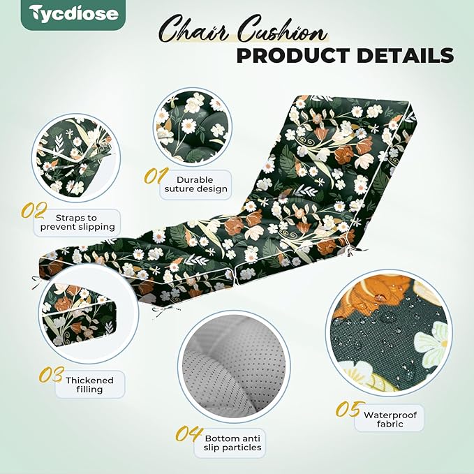 Outdoor Chaise Lounge Chair Cushion, Waterproof Non-Slip Patio Chaise Lounge Cushions for Outdoor Furniture, Thickened Patio Pool Lounge Chair Cushion, 76.4 x 22.8 x 4.7 Inches, Green Floral
