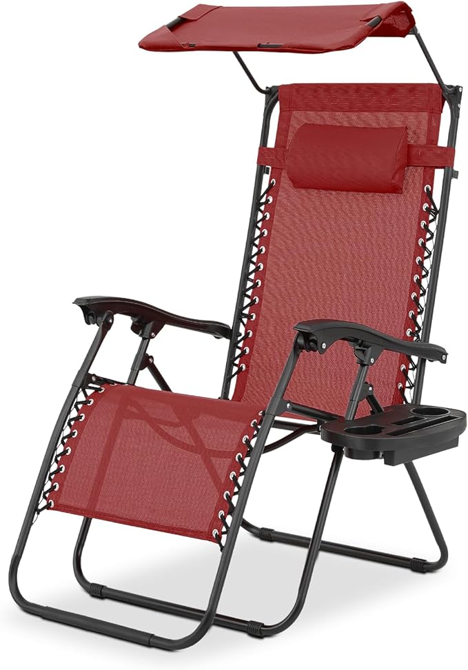 Magshion Zero Gravity Lounge Chair with Canopy, Outdoor Foldable Patio Reclining Chair with Side Tray, Adjustable Anti-Gravity Recliner with Pillow Headrest, Lounger for Lawn Camping Beach (Maroon)