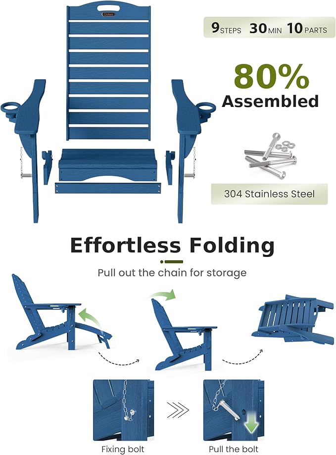 Ciokea Folding Adirondack Chair Set of 6 with Retractable Ottoman Fire Pit Patio Chair with Pull Out Foot Rest Weather Resistant Lawn Outdoor Chair with 2 Cup Holder (Navy Blue)