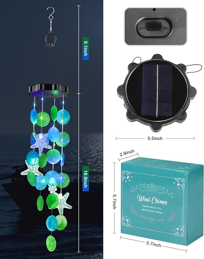 Solar Wind Chimes Decorative Lights for Outside, Hanging Lights for Holiday Garden Yard Window Shells Gifts for Mom Grandma Women Wife Girls