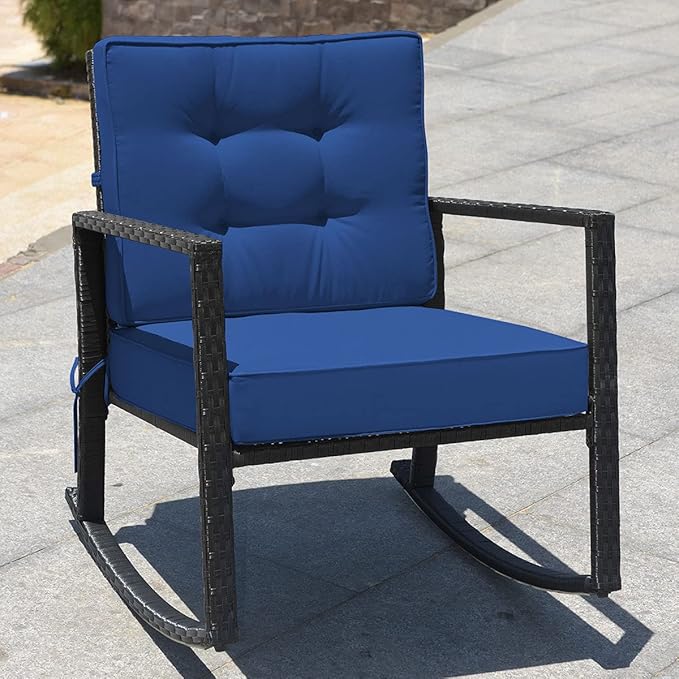 Tangkula Wicker Rocking Chair, Outdoor Glider Rattan Rocker Chair with Heavy-Duty Steel Frame, Patio Wicker Furniture Seat with 5” Thick Cushion for Garden, Porch, Backyard, Poolside (2, Blue)