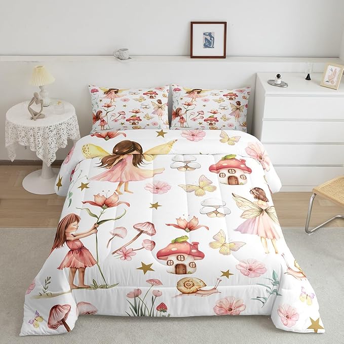 Erosebridal Fairy Garden Twin Comforter Set,Cute Pink Floral Bedding Sets for Girls Kids,Butterfly Flower Quilt Bed Set,Kawaii Mushroom Flowers Bedroom Decor,1 Pillowcase Reversible