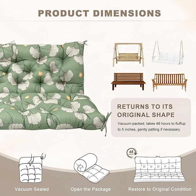 Porch Swing Cushion with Backrest,Waterproof Bench Cushion for Outdoor Furniture,2-3 Seater Replacement Thickened Swing Cushion with Ties,Patio,Outdoor,Backyard and Garden (Ginkgo Breeze,47x40")