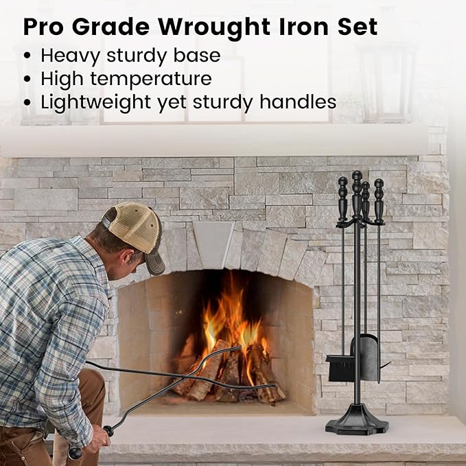 GameXcel 5PC Fireplace Tools Set - Fireplace Accessories Tool Set with Stand - 32" Wrought Iron Heavy Duty - Indoor Outdoor Fire Pit Wood Stove Hearth - Poker Tongs Shovel Brush - Black