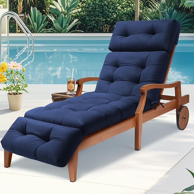 Waterproof Long Lounger Chair Cushion Outdoor Chaise Lounge Chair Cushions with Ties, Patio Recliner Thickened Lounge Chair Cushions for Indoor 74.4 x 22 x 4.7 Inches, Cushion Only (Blue)