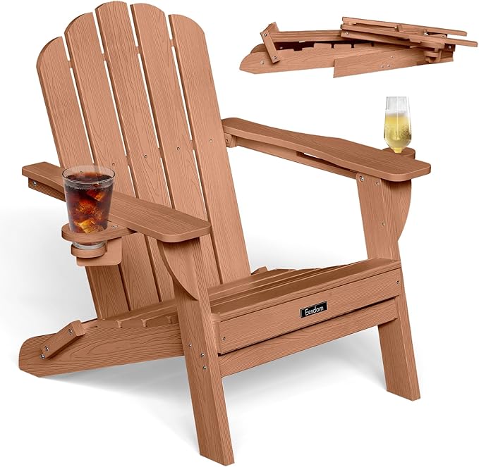 Folding Adirondack Chair, HDPE Adirondack Chair with 2 Cup Holders, Outdoor Fire Pit Chairs for Patio, Garden, Poolside, Teak
