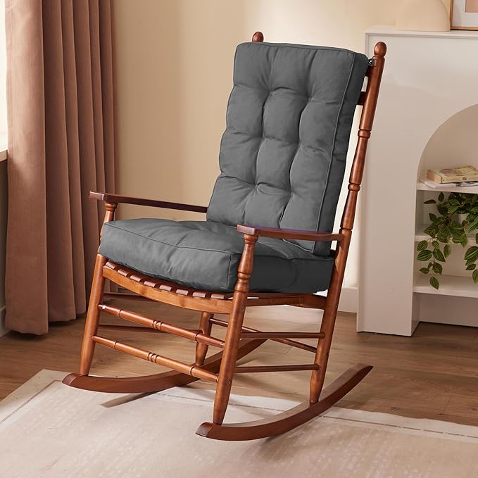 Rocking Chair Cushion, Waterproof and Fade-Resistant Patio Chair Cushions, Tufted Chair Pads for Rocker Furniture, 17x17 Inch, Indoor/Outdoor Seat Cushions with Ties, Dark Grey