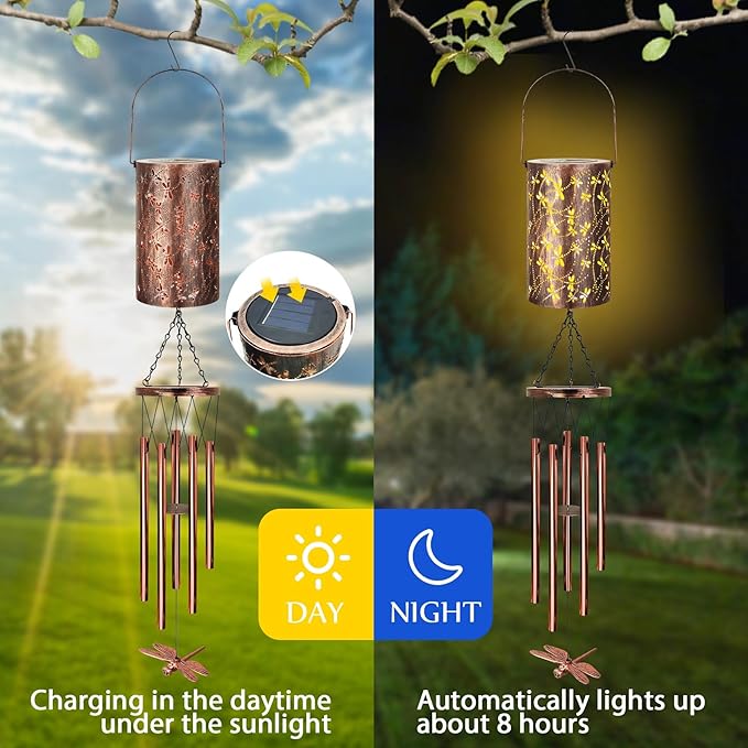 YHmall Solar Wind Chimes for Outside, Dragonfly Gifts for Women Mom Grandma Solar Lantern Windchimes Outdoors, Memorial Wind Chimes for Patio Yard Garden Christmas Decor