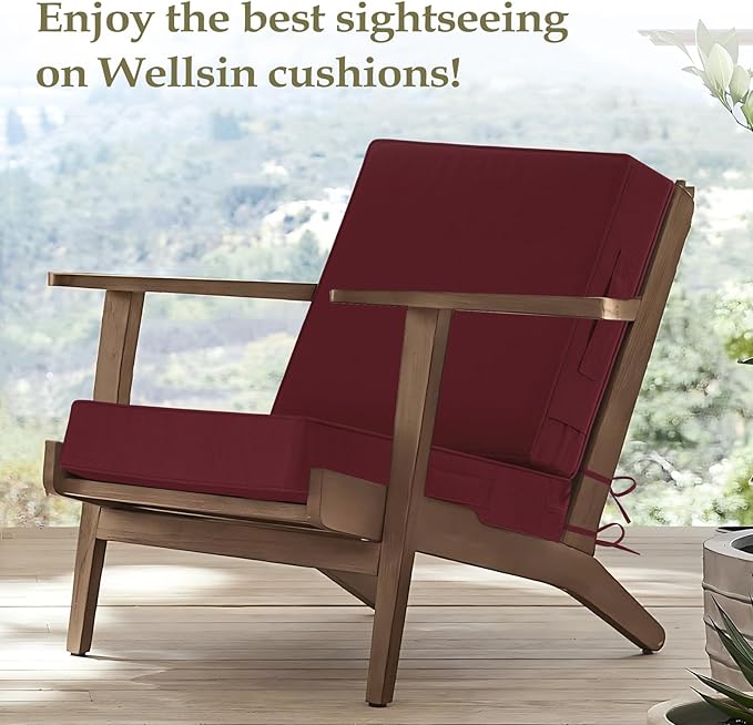 Wellsin Outdoor Cushions for Patio Furniture, Waterproof Outdoor Seat Cushions with Ties and Handle, Outdoor Cushions 24 X 24, Outdoor Deep Seat Cushions with Removable Cover, Burgundy