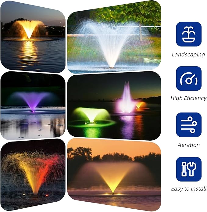 Floating Pond Fountain with 4pcs Led Lights 1HP 110V 750W with 98Ft Power Cord, Featuring a Timer, Metal Pond Waterfall Pump.