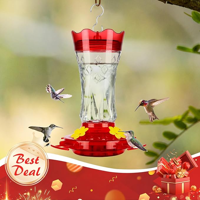 BOLITE Glass Hummingbird Feeders for Outdoors Hanging, Built-in Ant Moat, 4 Bee Guard Feeding Ports with Perches, Leak Proof, 15 Ounces, Stars Decor, Red, Gifts for Women Men, Gifts for Mom Dad
