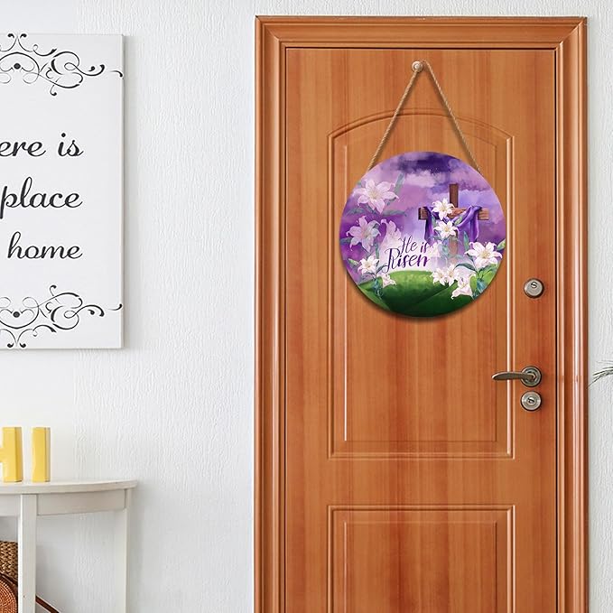He is Risen Purple Door Sign For Front Door Decor,Religious Cross Lily Flowers Wooden Sign 12"x 12" Round Easter Hanging Door Sign Decoration for Wall Rustic Decor