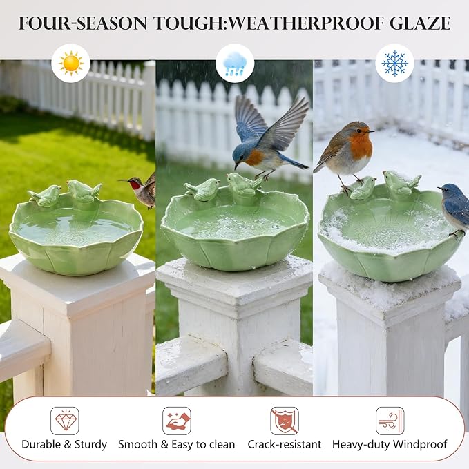 Ceramic Bird Bath for Outdoors, 10.1” Hand-Painted Glazed Ceramic Bird Baths Bowls and Feeders for Outside, UV/Frost-Resistant Finish Ground Garden Table Top Bird Baths Decor for Patio Yard Home Green