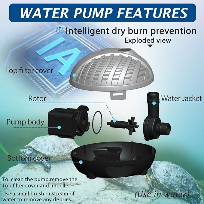 WaterRebirth HSP1000N Turtle Shell Submersible Pump with Fountain Jets - for Turtle Tanks, Ponds, Aquariums - 264GPH High Flow