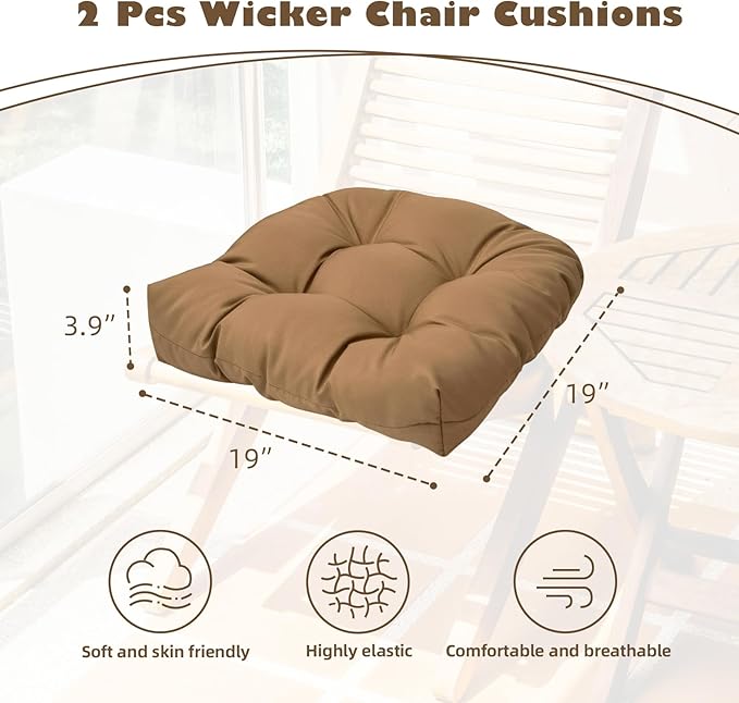 Tufted Chair Cushions for Patio Wicker Chairs, 2 Pieces Outdoor U-Shaped Seat Cushions, Waterproof Chair Pads with Ties 19"x19"x3.9", Dark Green