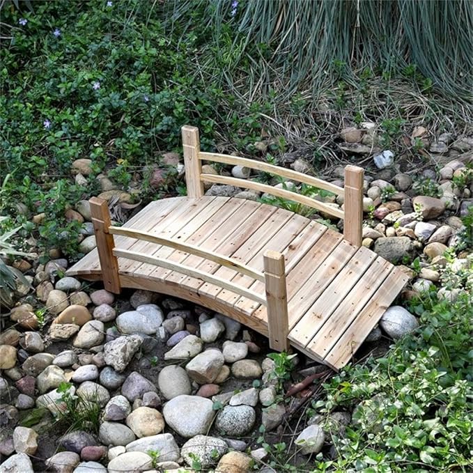 Pemberly Row Cedar Wood Garden Bridge, 48.5 in, Beige Finish, Handcrafted with Handle Rails, Durable Landscape Decor, Rustic Outdoor Sculpture for Backyard or Garden Use