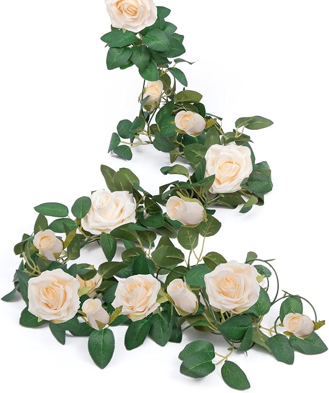 U'Artlines 5 Pack Artificial Champagne Rose Vines Floral Garlands Total 32.5 Ft Fake Vine Silk Flower Garland for Indoor Outdoor Home Wedding Arch Garden Wall Decoration