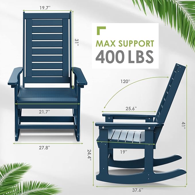 GREENVINES Outdoor Rocking Chair Set | 3-Piece | 2 Rocking Chairs with 1 Side Table | Porch Rocker | HDPE Plastic | Blue | Patio Furniture Sets | High Back | Big & Tall | Ladder Back