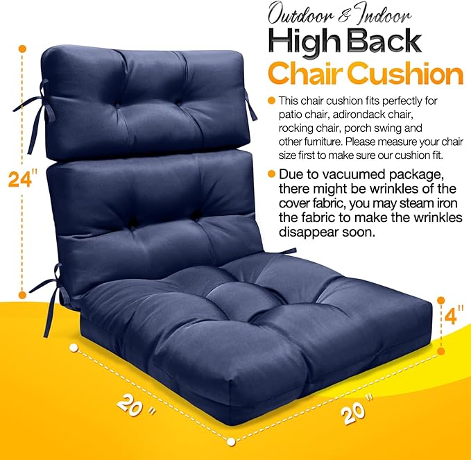 MAGIC ELEPHANT High Back Chair Cushion, Indoor Outdoor Memory Foam Chair Cushion with Ties for Adirondack and Rocking Chair, Waterproof Replacement Patio Cushion for Chair (Blue)