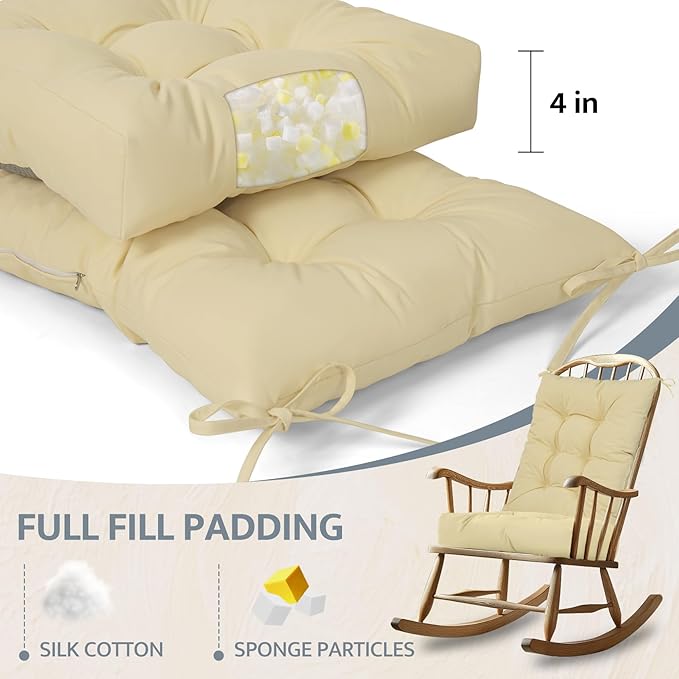 mudilun Rocking Chair Cushion Non-Slip Tufted Indoor/Outdoor Rocking Chair Cushions 80% Water Proof with Straps for Living Room Baby Room Garden High Back Rocking Chair Pads (Beige)