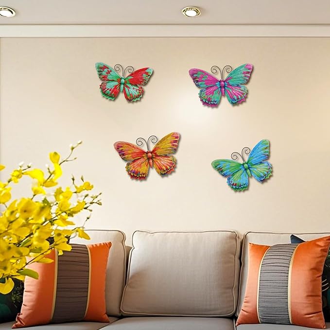 Junware 4 Pieces Metal Butterfly Wall Art Decor - 7.5" Outdoor Fence Wall Sculpture Decor, Hanging Decoration for Garden Yard Living Room Bedroom Patio Balcony, Nice Gift for Mom Friend