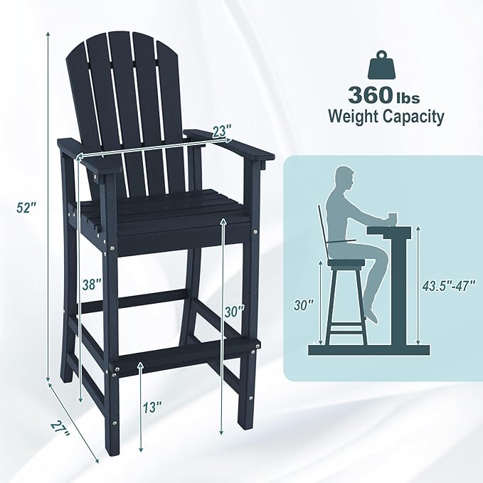 Giantex Set of 2 HDPE Outdoor Bar Stools, All Weather Tall Adirondack Chair with Armrest, Footrest, Load 360Lbs, 30-Inch Counter Height Bar Stool for Patio, Garden, Yard, Indoor Or Outdoor Use (Navy)