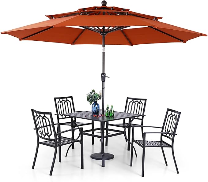 PHI VILLA Patio Dining Set 5 pcs with Umbrella(Orange Red),1 Square Metal Table& 4 Metal Outdoor Stackable Chairs and 1 10ft 3 Tier Auto-tilt Umbrella (Base Not Included)