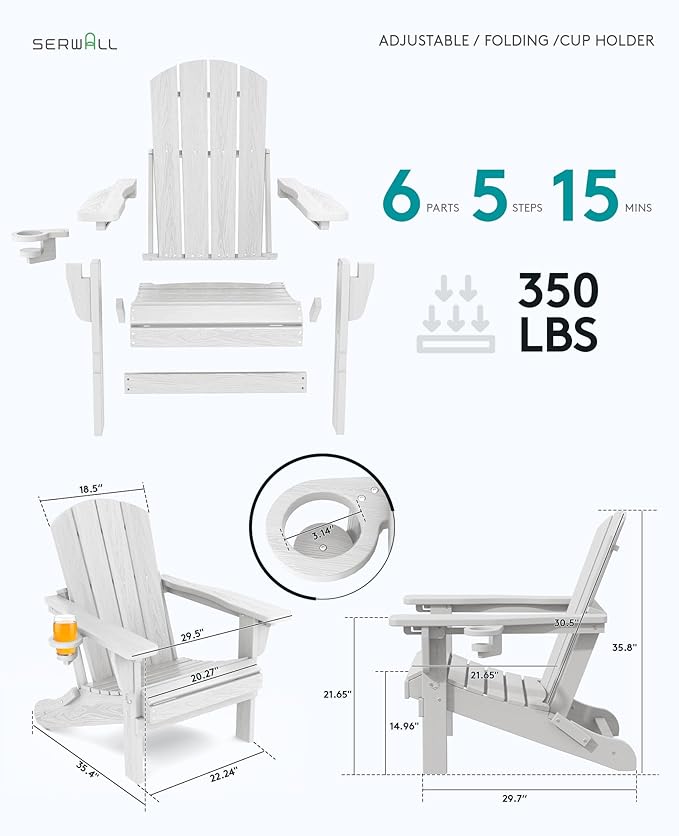 SERWALL Folding Adirondack Chair, Adirondack Outdoor Chair with Cup Holder, Adjustable Adirondack Chair with 3 Recline Positions, All Weather HDPE Outdoor Adirondack, White