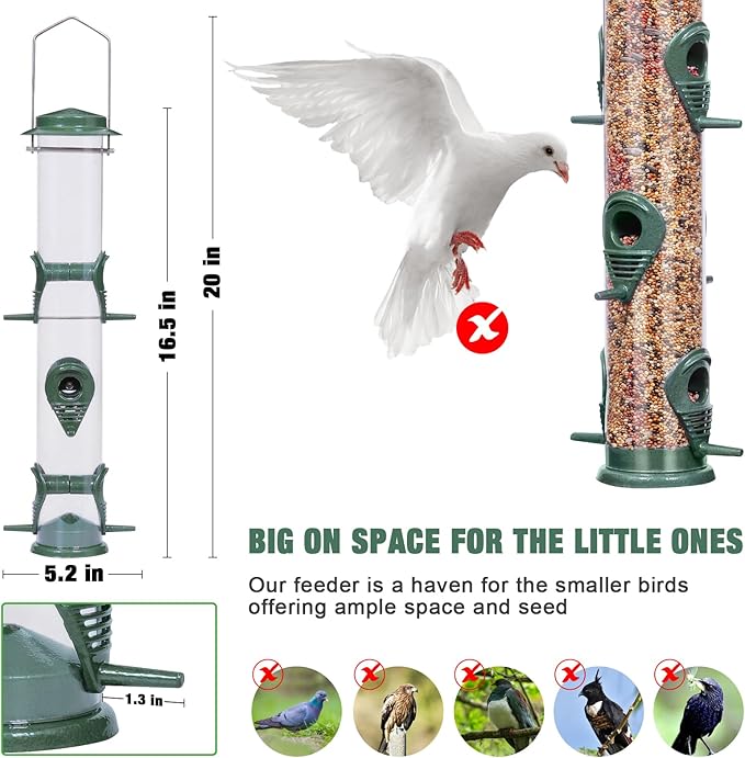 ERYTLLY Metal Bird Feeders 6 Port Tube Bird Feeder for Wild Birds, 1.4mm Extra Thick Solid Tube Transparent with Steel Hanger Bird Feeders Squirrel Proof for Outside