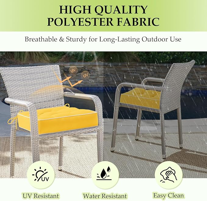 HARBOREST Outdoor Chair Cushions Set of 2, Tufted Patio Chair Cushions with Ties, Square Corner Outdoor Cushions for Patio Furniture, Lawn Chairs, Wicker Chairs, 17" x 17" x 5", Yellow