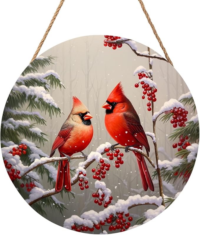 Winter Red Cardinal Bird Door Sign For Front Door Decor,Holly Berry Branches Snow Wooden Sign 12"x 12" Round Wood Hanging Door Sign Winter Decoration for Wall Rustic Decor