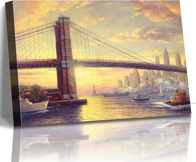 STUDIO HAVEN Thomas Kinkade Canvas Wall Art, Brooklyn Bridge NYC Skyline Golden Sunset Riverboats and Iconic Bridge Oil Painting Poster Landscape Wall Decor, Framed Prints for Home Decor, 40x28Inch