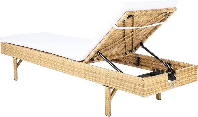 SAFAVIEH Outdoor Collection Cam Natural Brown Wicker/White Cushion Adjustable Chaise Lounge Chair, Black/Beige (PAT7501D)