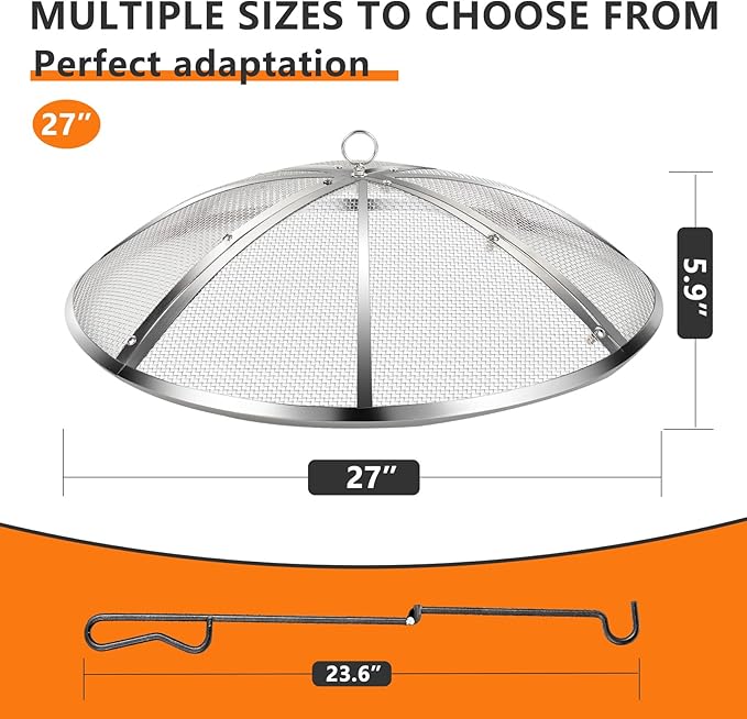 27 Inch Fire Pit Spark Screen,Stainless Steel Fire Pit Screen Cover with Handle&Poker,Outdoor Fire Pit Screen Cover Round Mesh Lid Heavy-Duty for Backyard/Beach/RV Camping