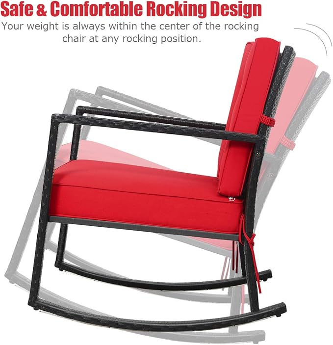 Tangkula Wicker Rocking Chair, Outdoor Glider Rattan Rocker Chair with Heavy-Duty Steel Frame, Patio Wicker Furniture Seat with 5” Thick Cushion for Garden, Porch, Backyard, Poolside (1, Red)