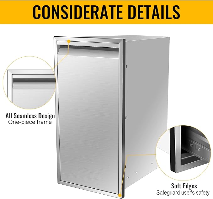 Built-in Single Trash Drawer 14" W x 27" H x 20" D, Pull-Out Tray Outdoor Kitchen Stainless Steel Trash Drawer Storage One Trash Bin for BBQ Island Grill Station