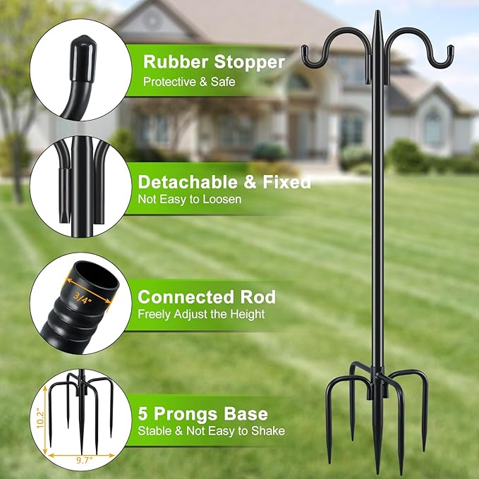 Gtongoko Double Shepherds Hook for Outdoor, 2 Pack 77 Inch Heavy Duty Bird Feeder Pole 3/4 Inch Thick Garden Hooks for Hanging Hummingbird Feeder, Plant Baskets, Solar Light Lanterns
