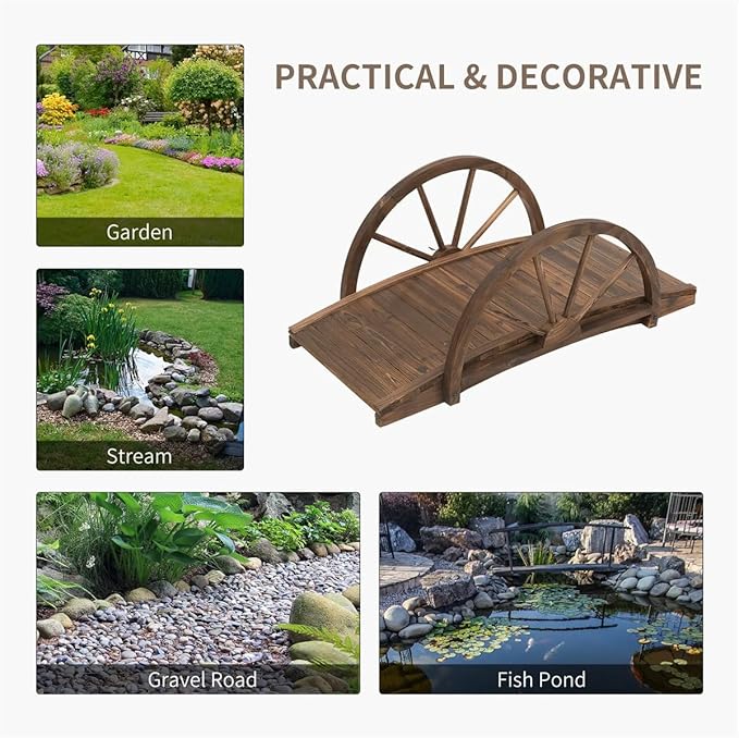 Wooden Garden Bridge - Stained Wood Arc Footbridge with Half-Wheel Style Railings,for Backyard, Gravel Road, Creek, Farm(Stained Wood)