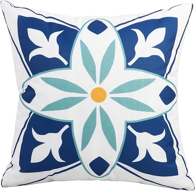 Pyonic Outdoor Waterproof Throw Pillow Covers Set of 4 Floral Printed and Boho Farmhouse Outdoor Pillow Covers for Patio Funiture Garden 18x18 Inch Blue