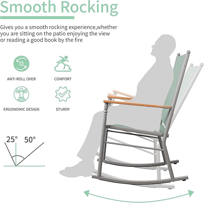 JY QAQA Outdoor Rocking Chair Set of 2, High Back All-Weather Patio Rocking Chairs with Breathable Back Rest for Adult, Ergonomic Design Porch Chairs for Porch, Garden, Balcony, Pool, Green