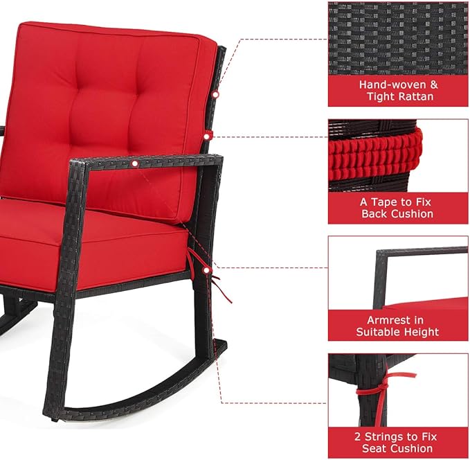 Tangkula Wicker Rocking Chair, Outdoor Glider Rattan Rocker Chair with Heavy-Duty Steel Frame, Patio Wicker Furniture Seat with 5” Thick Cushion for Garden, Porch, Backyard, Poolside (2, Red)