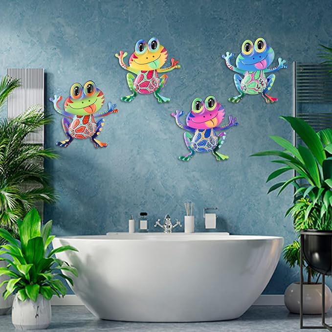 Junware Metal Frog Wall Decor, 4Pcs Frog Iron Wall Art Sculptures Art Frogs Wall Hanging Sculpture Decoration. Outdoor Fence Art for Home Garden, Fence, Patio, Yard, Bedroom Outside Gifts for Adults